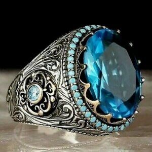 Stunning Large Blue Stone Antique Silver Ring Size 8 Unisex Men Women